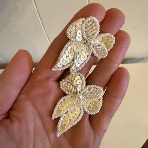 Avon Cream Sequin & Bead Bow Earrings